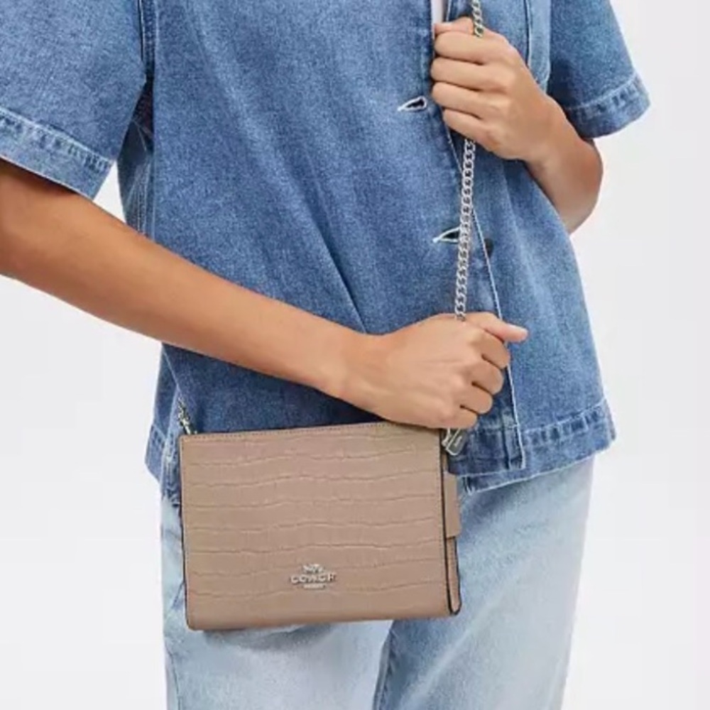 Coach Croc-Embossed Slim Crossbody in Taupe - Picture 2 of 10